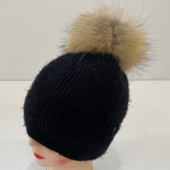 Knit Beanie Hat with Real Fox Fur Pom - Picture 1 of 2